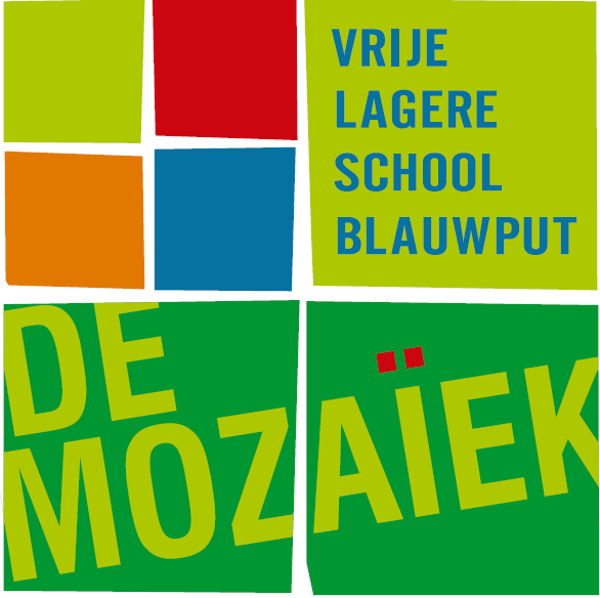een kleurrijk vierkant. In de rechterbovenhoek staat Vrije Lagere school Blauwput en in de onderste helft van het vierkant staat De Mozaïek